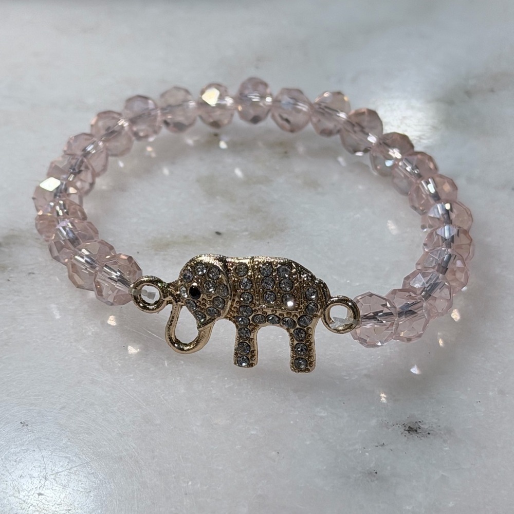 Gold Elephant Pink Crystal Stretch Bracelet